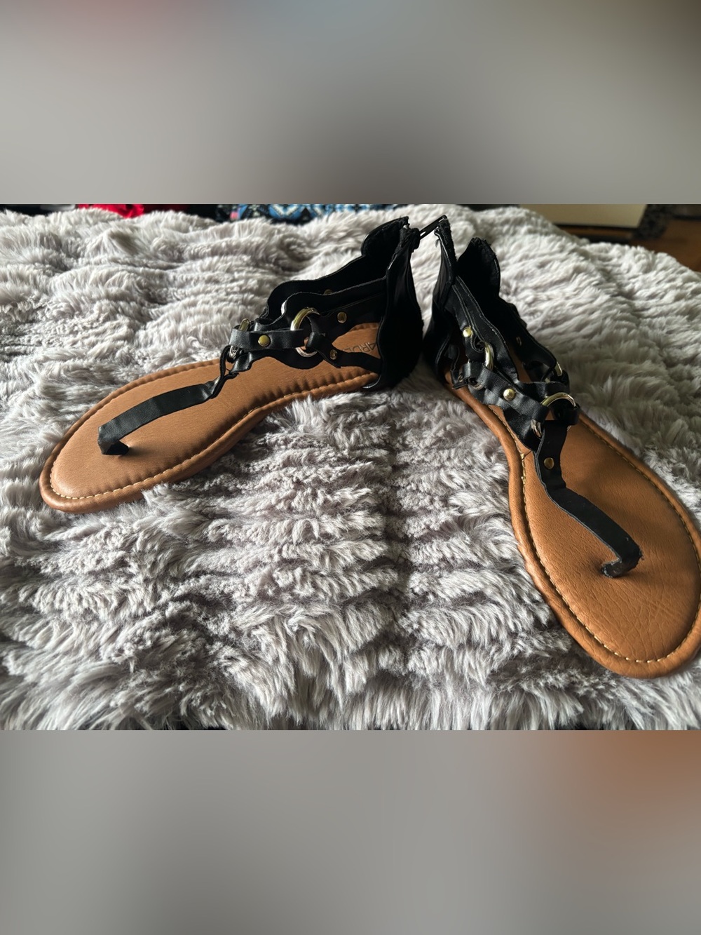 Ardene Black Gladiator T-Strap Sandals with Tan Footbed